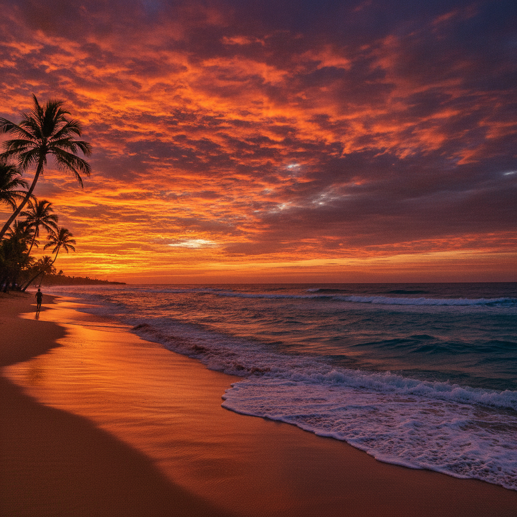 AI photo color enhancer result — a sunset beach with dramatic vivid orange and purple sky and rich ocean blues