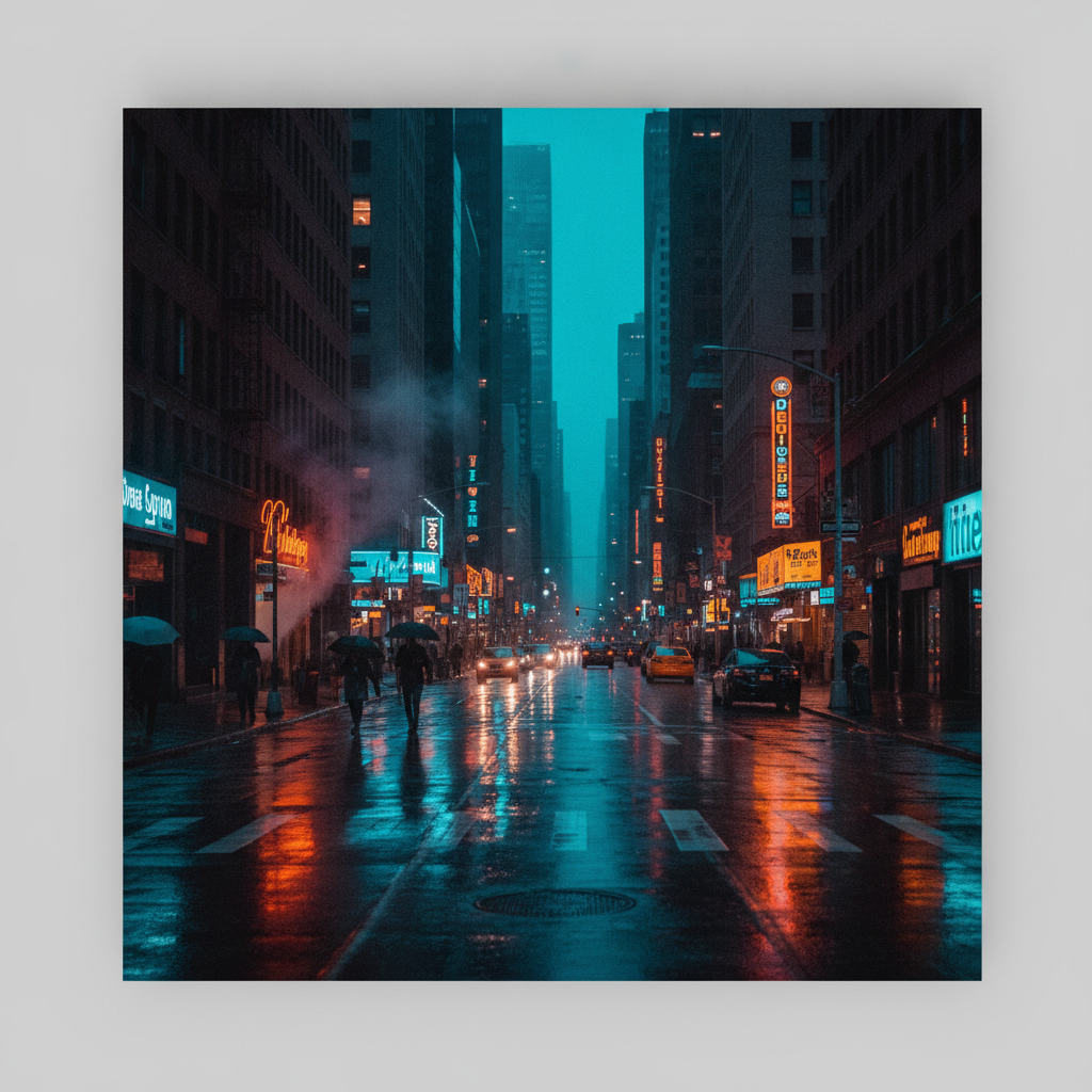 AI photo color enhancer result — an urban street scene at dusk with vibrant neon colors and cinematic teal and orange grading