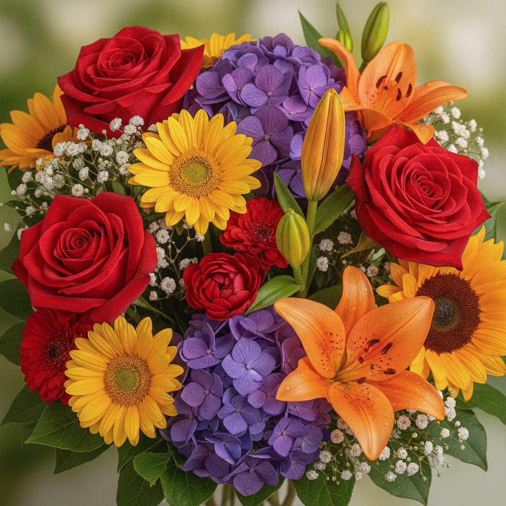 AI photo color enhancer result — a bouquet of flowers with brilliant vivid petal colors and fresh natural greens