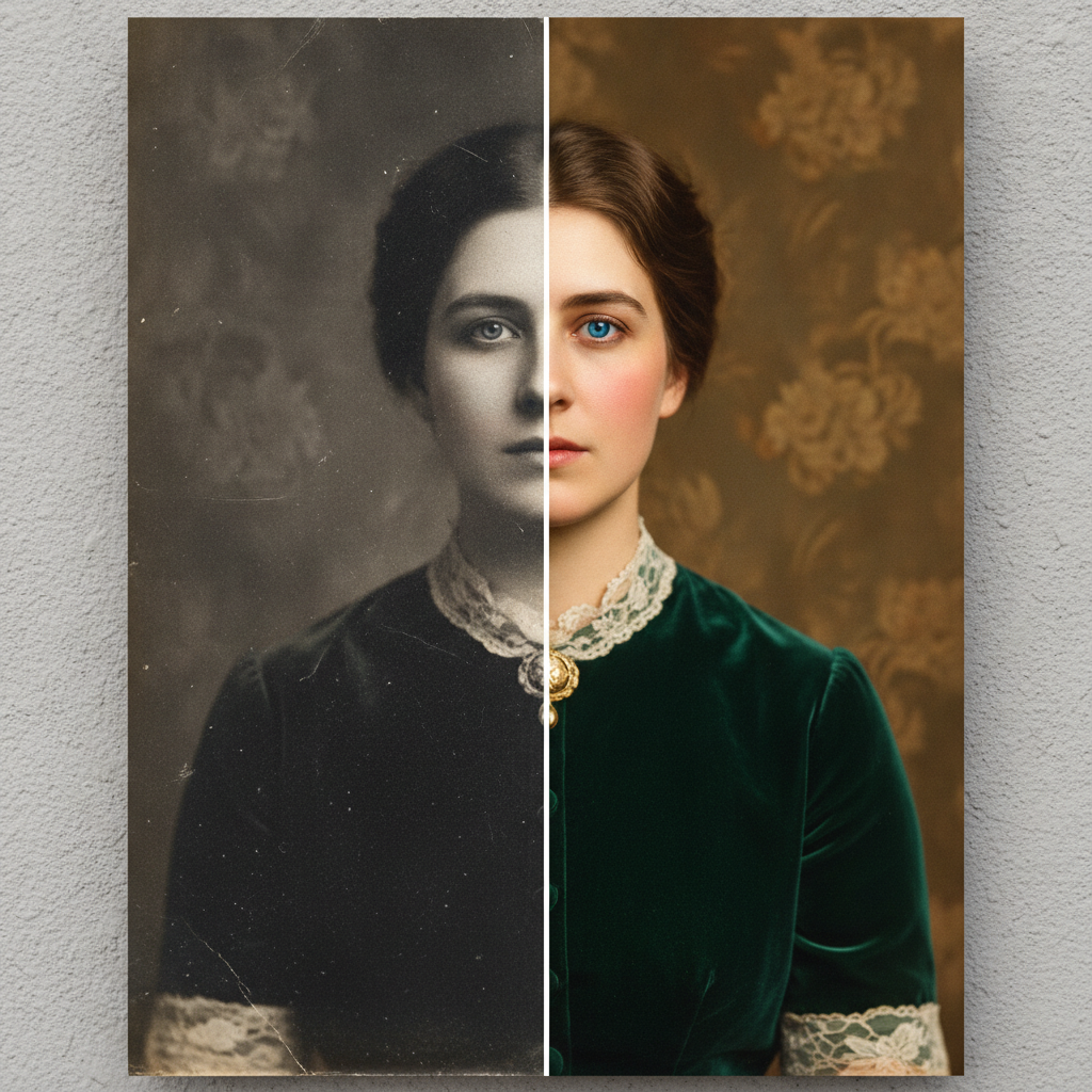 AI photo colorizer before and after — a vintage portrait shown half faded black and white, half fully colorized