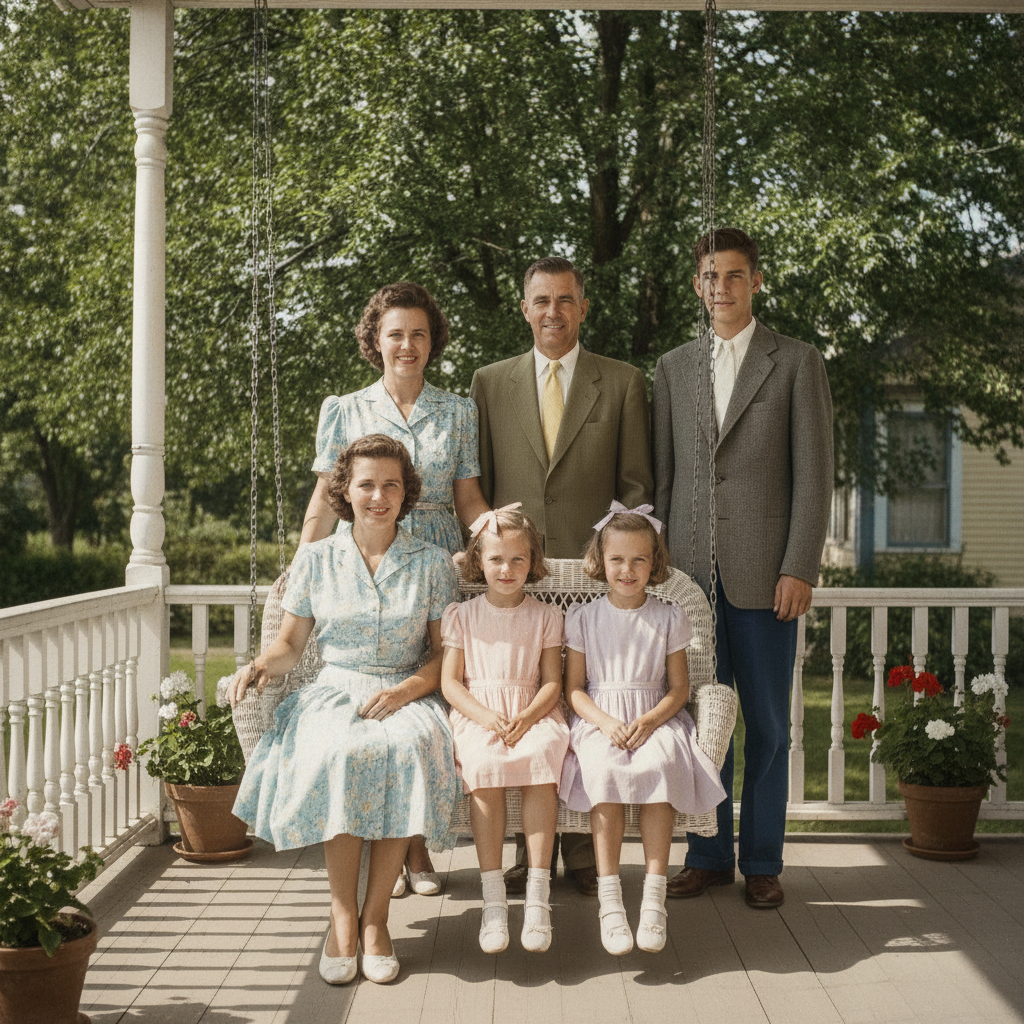 AI photo colorizer result — a 1950s family photograph colorized with an authentic mid-century colour palette