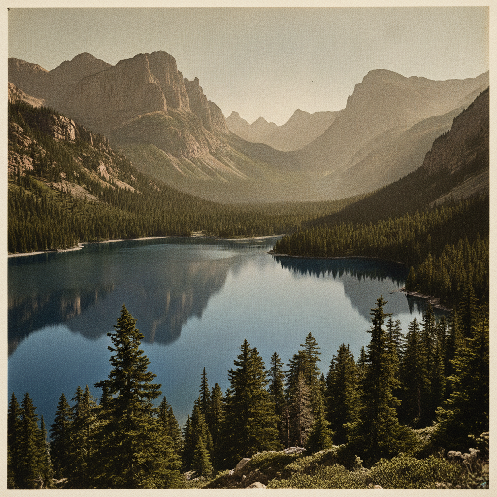 AI photo colorizer result — an early twentieth century landscape photograph colorized with natural greens and blues