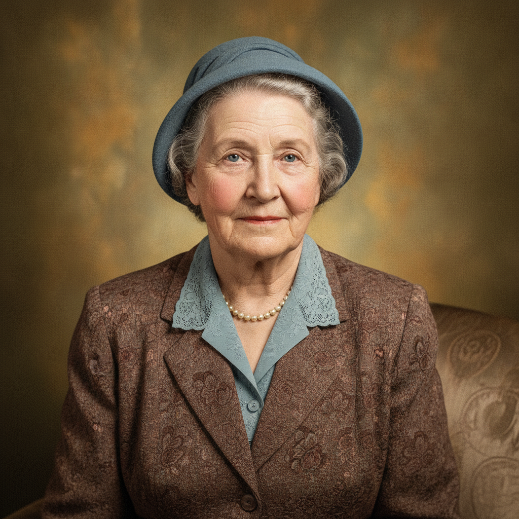 AI photo colorizer result — a 1940s studio portrait colorized with natural realistic skin tones