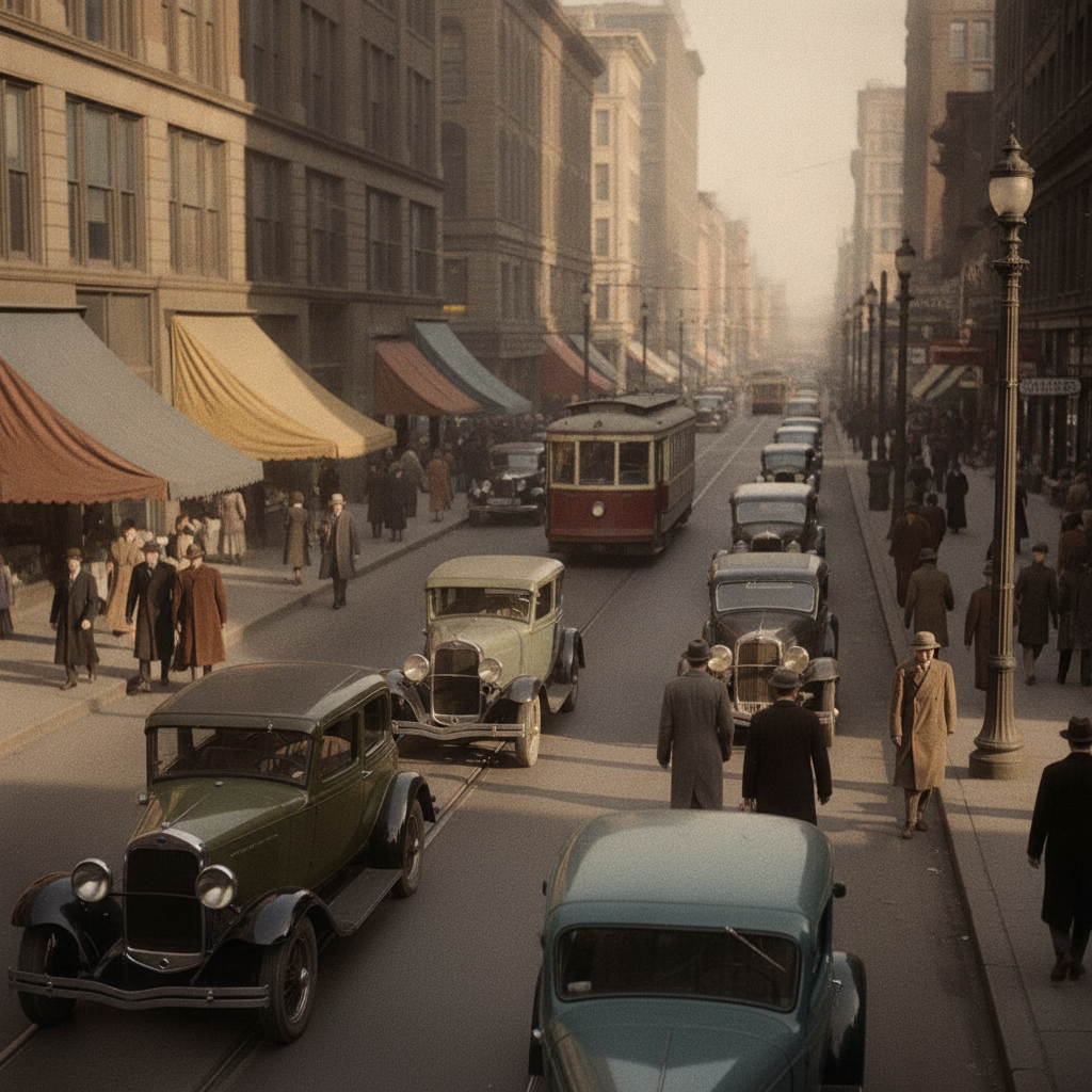 AI photo colorizer result — a 1930s city street scene colorized with realistic muted period colours