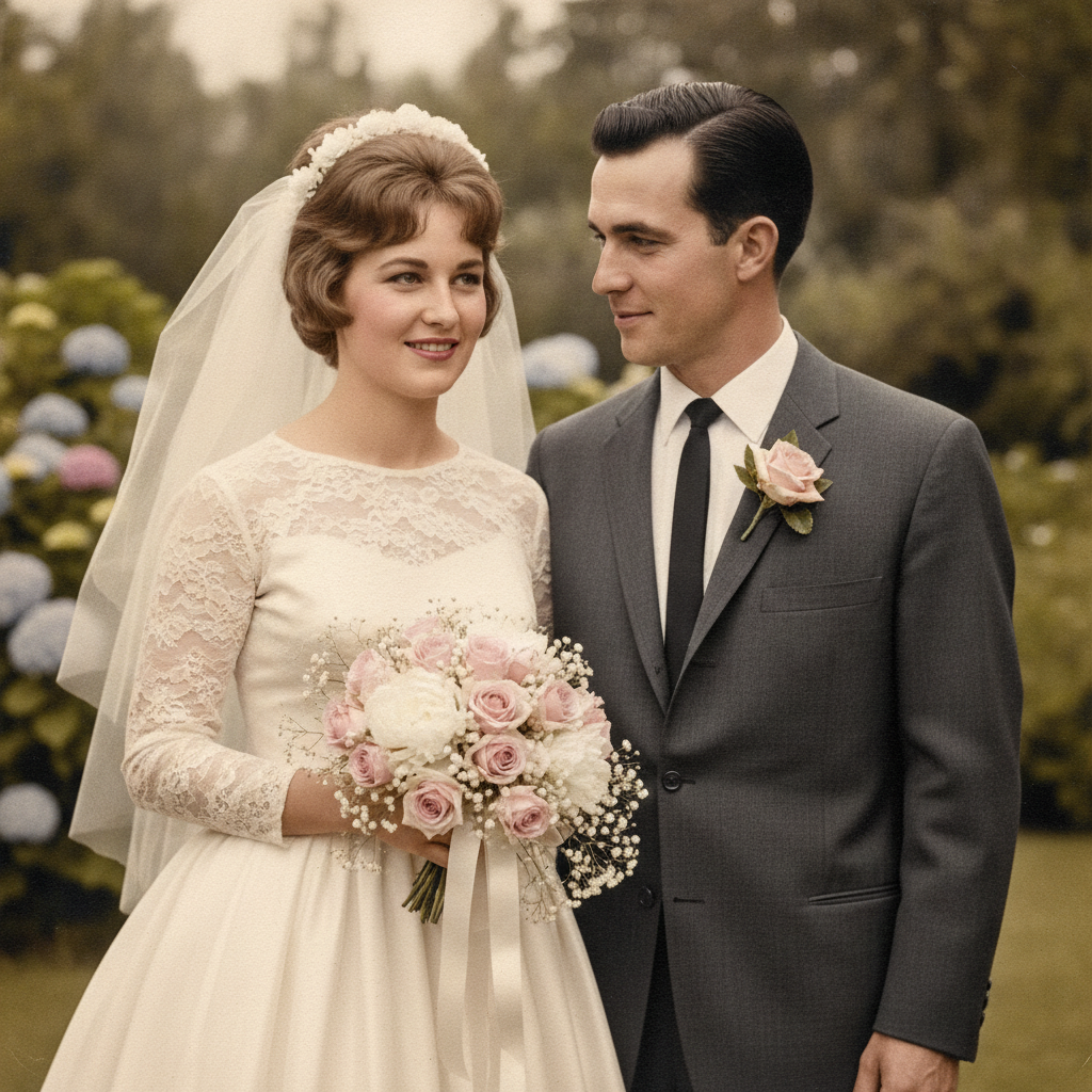 AI photo colorizer result — a vintage 1960s wedding photograph colorized with soft warm tones