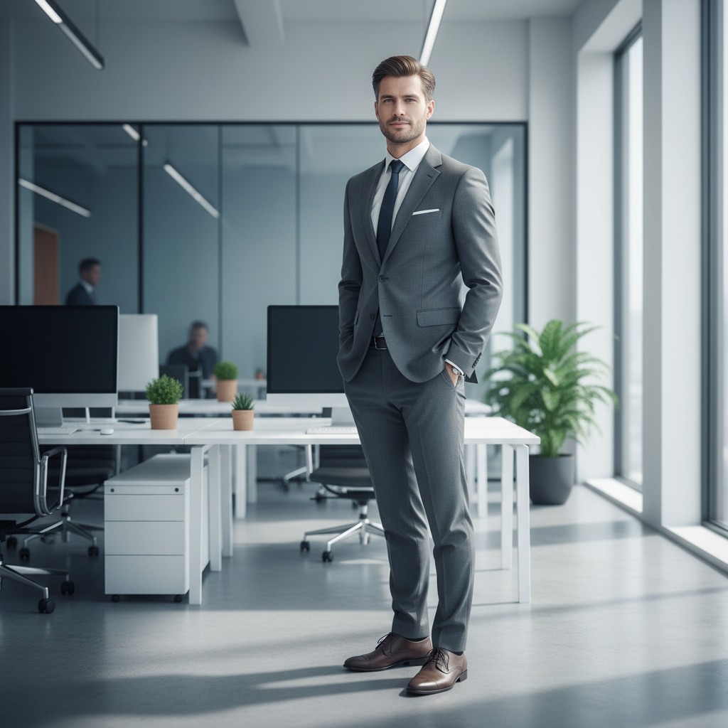 AI photo editing suite result — background replacement placing a man in a suit against a bright modern office with clean edge masking