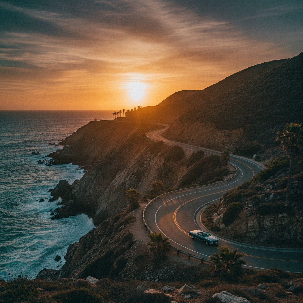 AI photo editing suite result — coastal road at golden hour with cinematic teal and orange colour grading