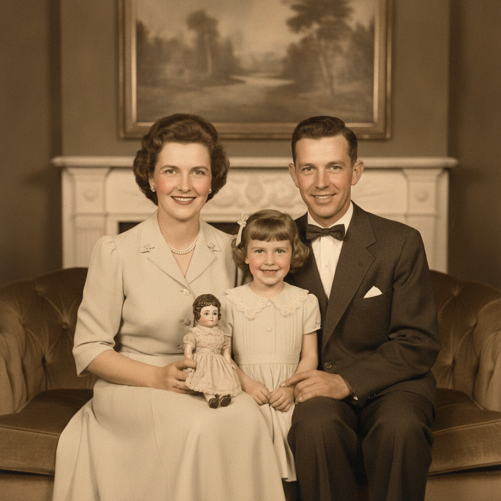AI photo editing suite result — restored 1950s family portrait with scratches removed and faded tones recovered