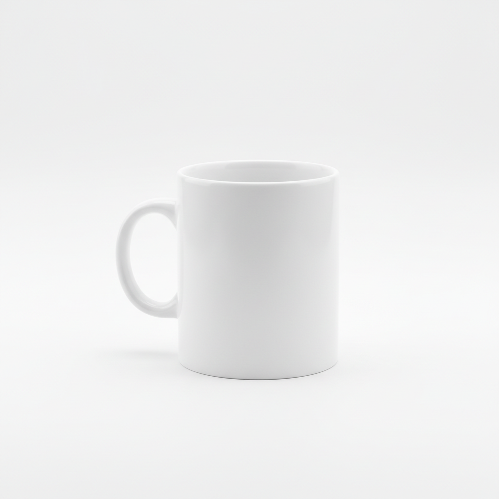 AI photo editing suite result — white ceramic mug cleaned up on a pure white seamless background for an e-commerce listing
