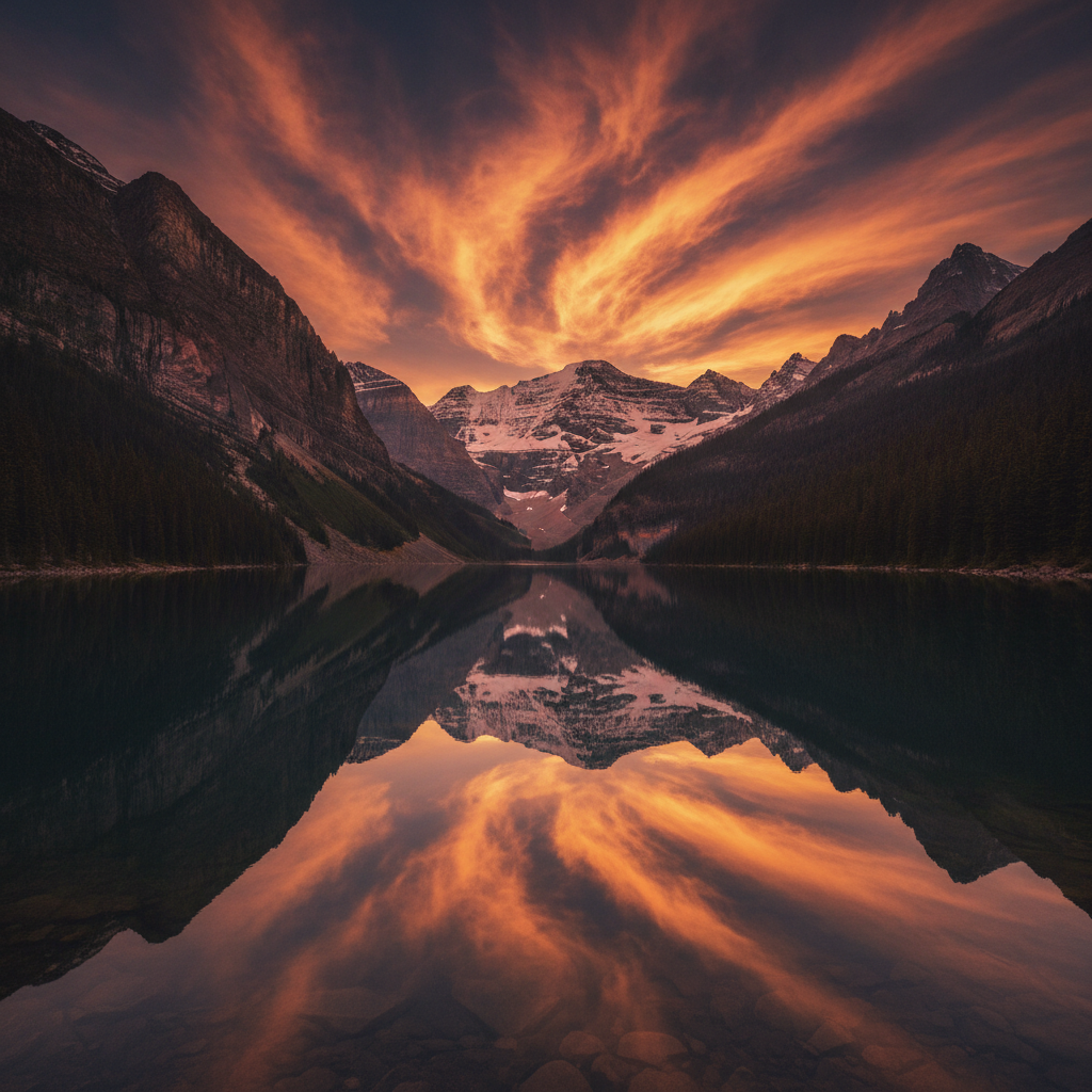 AI photo editing suite result — mountain lake landscape with a dramatic replacement sky and enhanced water reflection