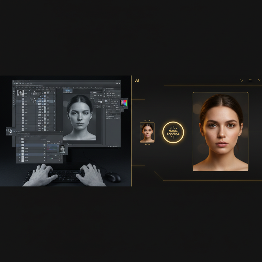 AI photo editing vs traditional Photoshop comparison split-screen showing cluttered manual editing workspace versus clean modern AI photo editing dashboard with one-click magic enhance button