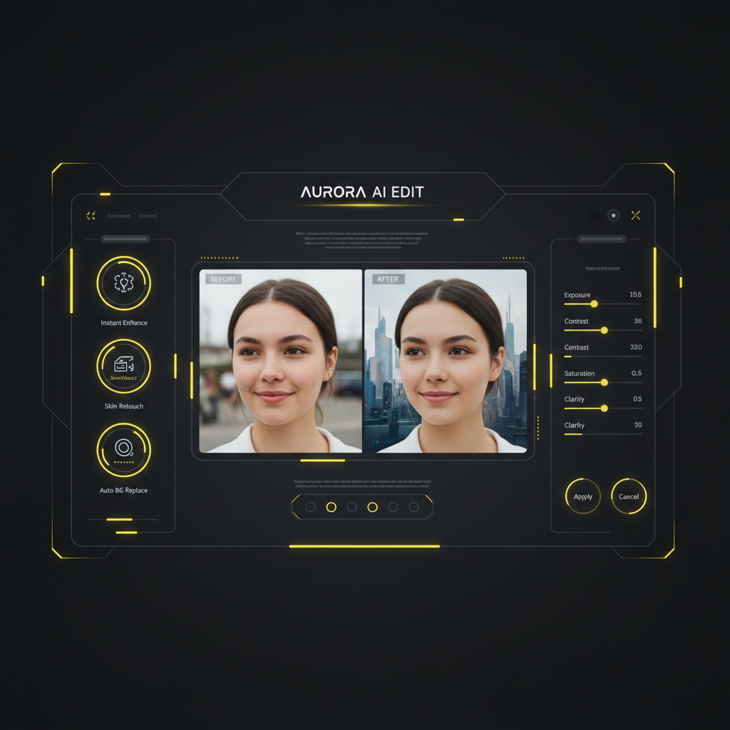 Modern AI photo editing dashboard interface showing instant photo enhancement, smart object selection, automatic skin retouching, and intelligent background replacement with golden yellow gradient highlights