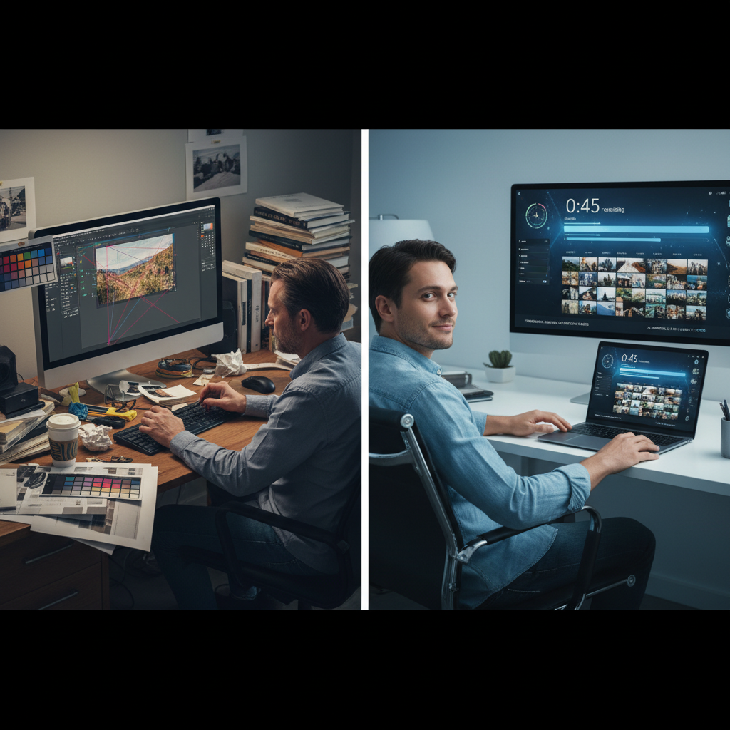 Side-by-side photographer workflow comparison showing traditional photo editing at messy desk with reference books and Lightroom screen versus modern creator using AI photo editing tool to batch process 50 photos automatically