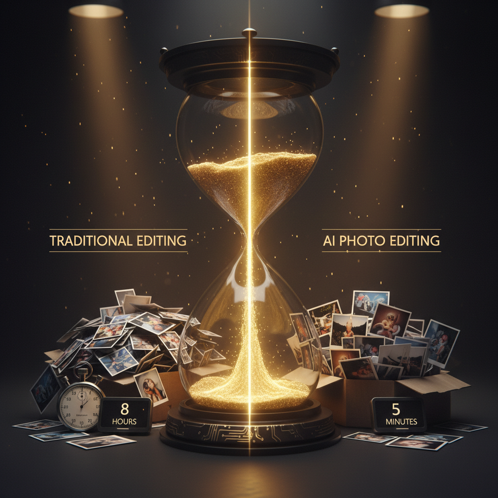Hourglass visualization comparing AI photo editing vs traditional editing time — traditional side shows piles of photos with timer reading 8 hours while AI side shows the same photos perfectly edited in 5 minutes
