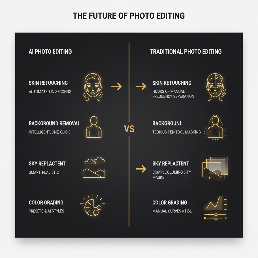 Comparison infographic showing AI photo editing vs traditional photo editing benefits — automated skin retouching, intelligent background removal, smart sky replacement, and color grading presets versus manual frequency separation, pen tool masking, luminosity masks, and curves adjustments