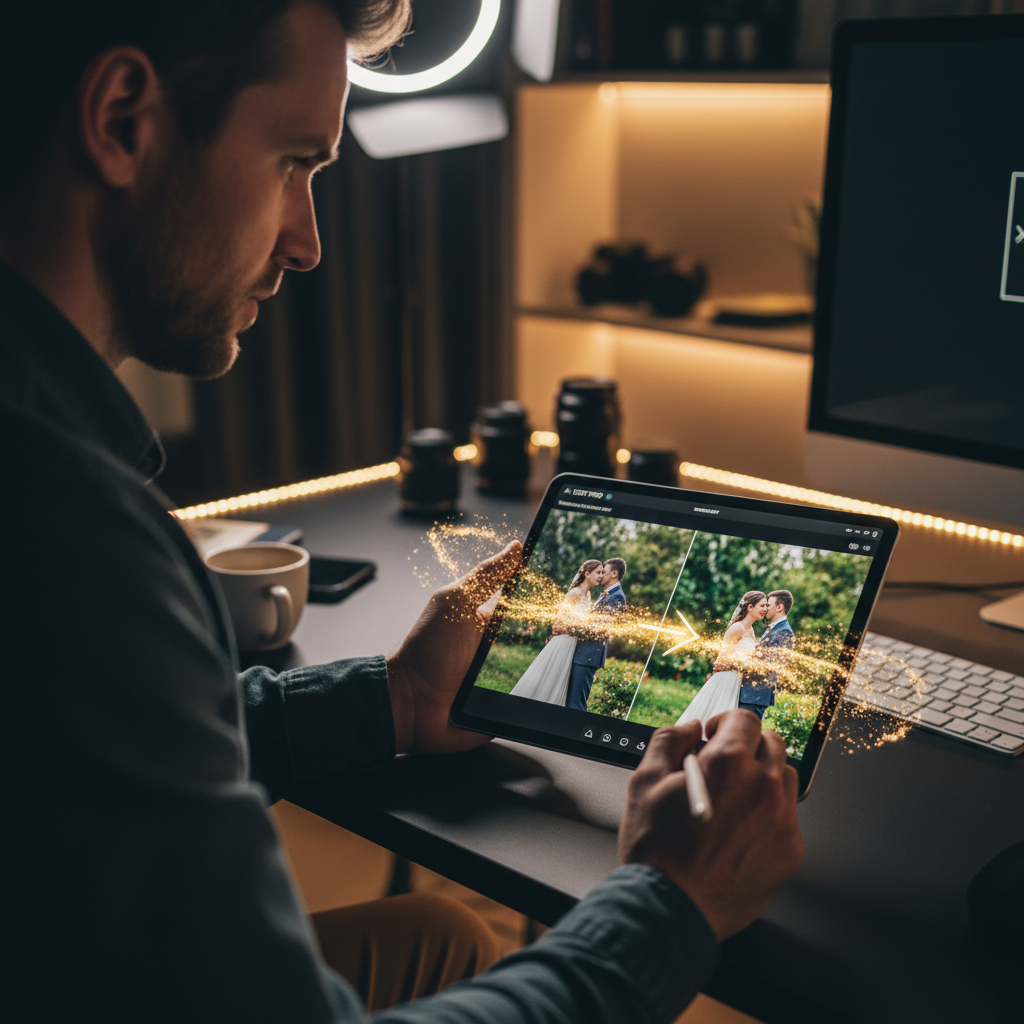 Photographer using AI photo editing tool on tablet with stylus transforming a raw wedding portrait into a magazine-quality finished image instantly with glowing yellow particles representing AI processing