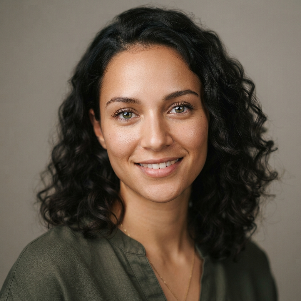 AI photo enhancement tool result — a portrait with refined natural skin, soft studio lighting and true-to-life tones