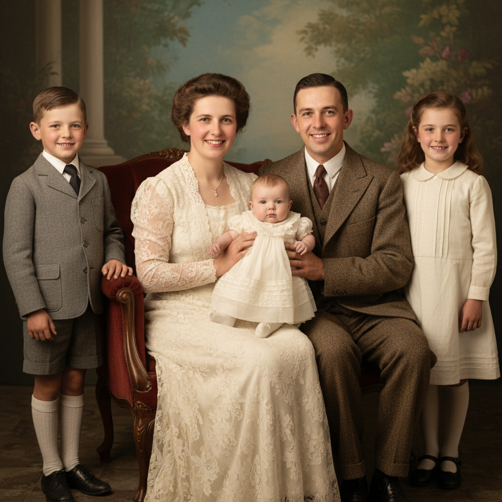 AI photo enhancement tool result — a faded vintage family portrait restored with clear detail and corrected color