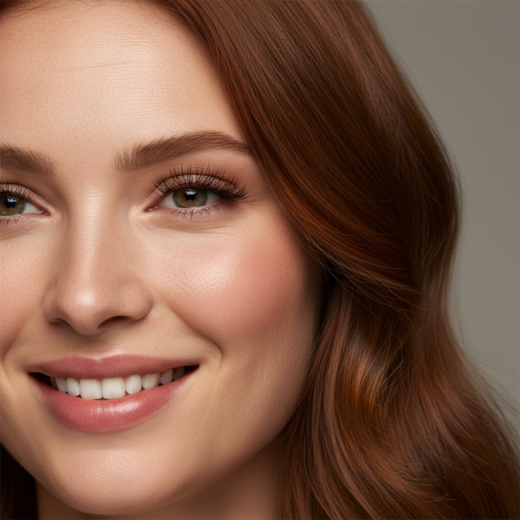 AI photo enhancer sample output, professional portrait photograph dramatically upscaled to crisp 4K resolution with restored fine facial detail in eyes hair and skin texture, intelligent denoise pass that removes ISO grain and JPEG compression artifacts, polished AI image quality 4K finish ready for editorial print and brand portfolio with photo enhancement AI clarity