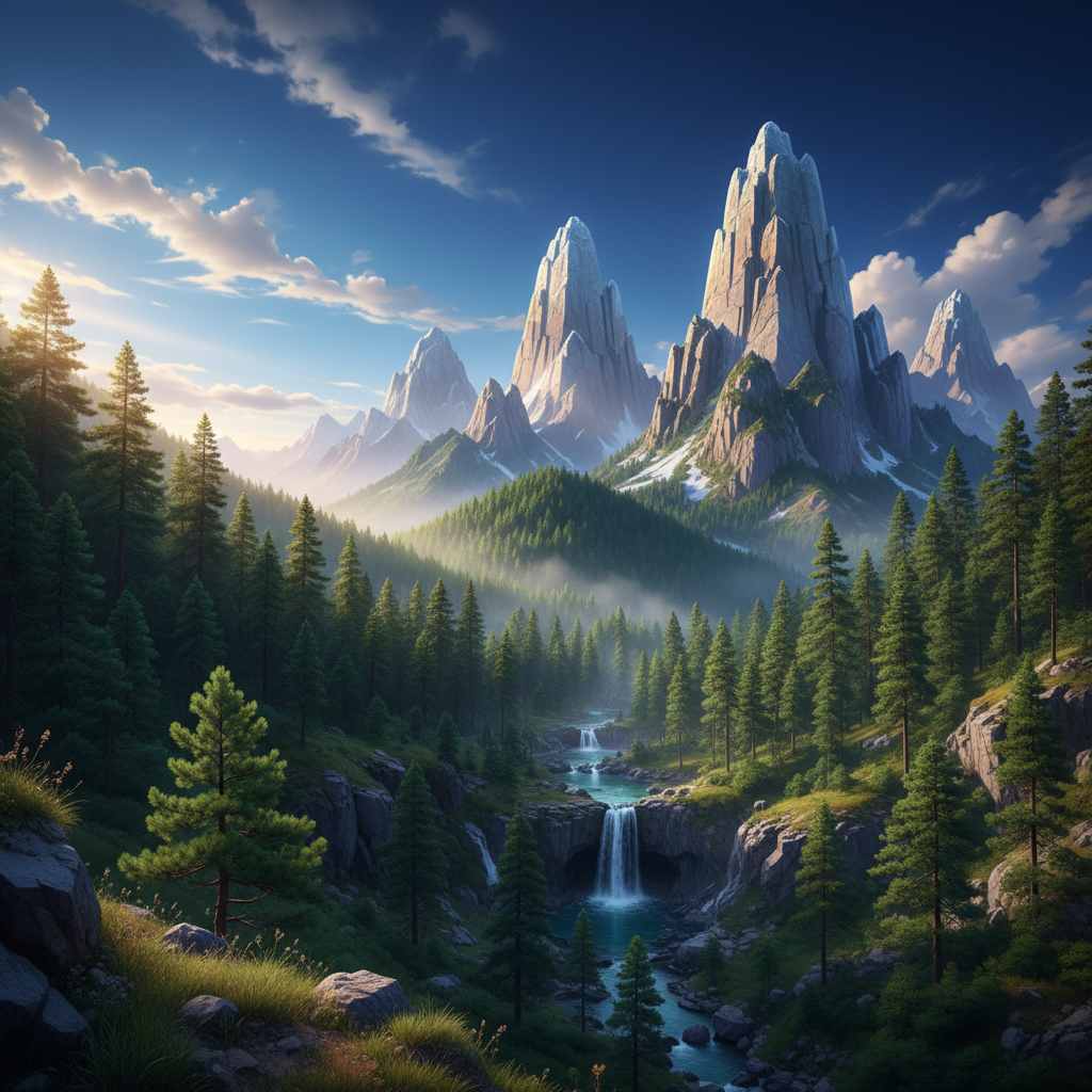 AI photo enhancer landscape result, sweeping mountain vista at golden hour upscaled to ultra-high 4K resolution with restored leaf and rock texture in foreground, deepened atmospheric haze in distant peaks, recovered cloud detail in bright sky, polished enhance image quality AI 4K finish ready for travel print and gallery wall