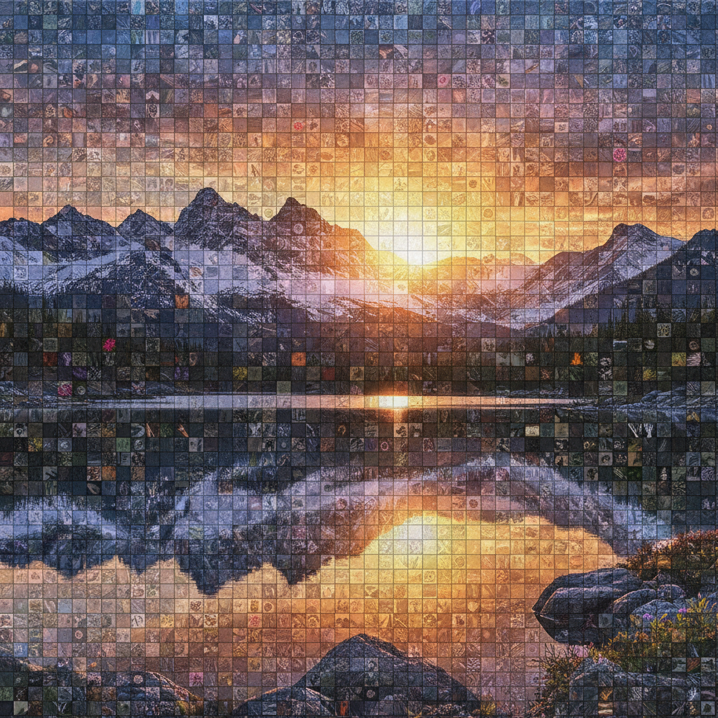 AI photo mosaic creator golden retriever puppy portrait mosaic made from hundreds of small nature and pet photographs, seamless tile transitions, photographic mosaic art, professional gallery quality, polished image mosaic tool AI 4K finish ready for pet portrait print