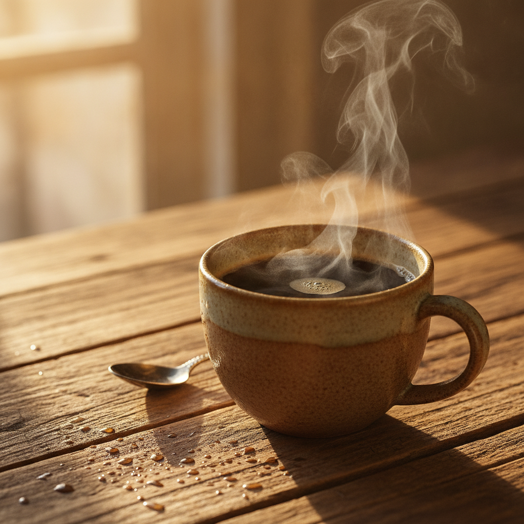AI photo realism generator result — a photorealistic close-up of a steaming cup of coffee on a rustic wooden table in golden morning light