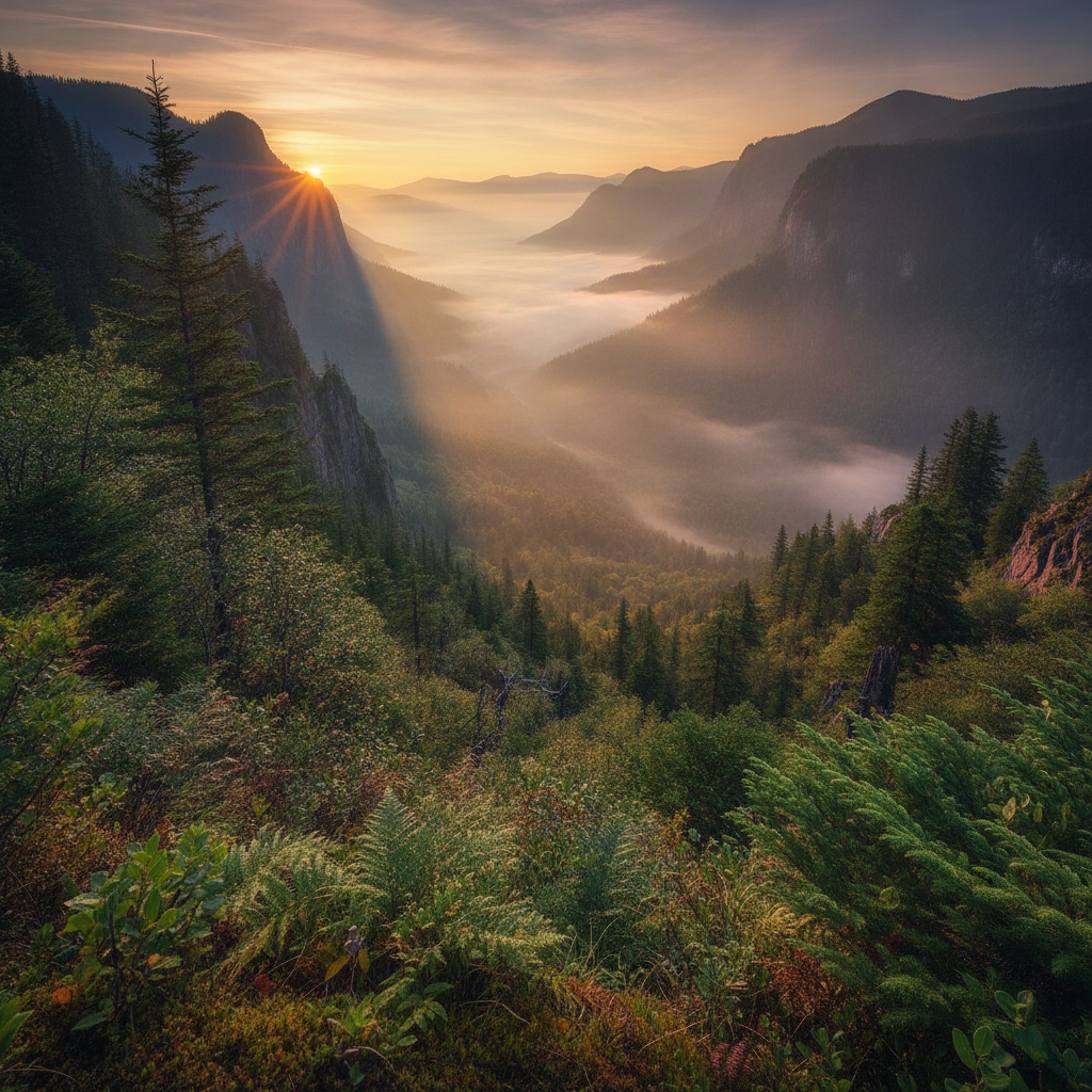 AI photo realism generator result — a hyper-realistic misty mountain valley at sunrise with layered fog and dramatic golden light rays