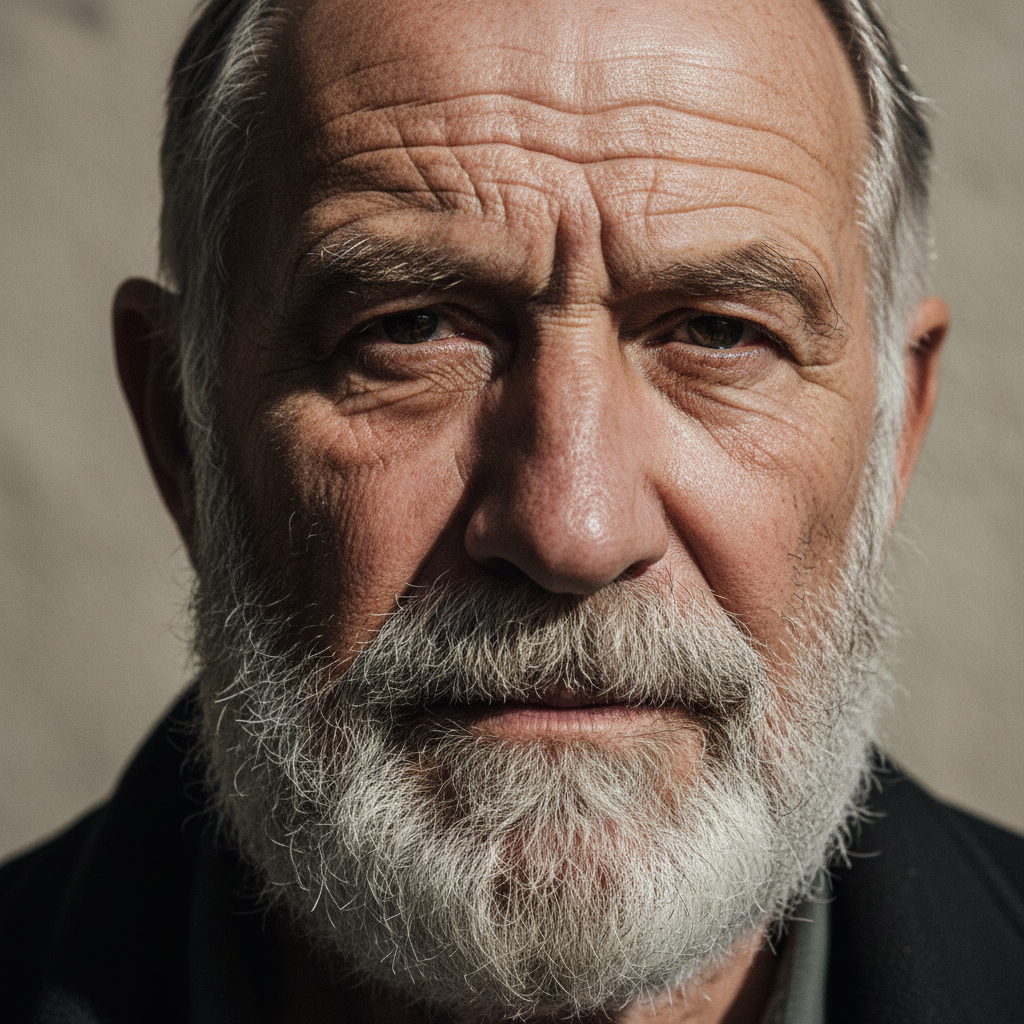 AI photo realism generator result — a photorealistic portrait of an elderly man with weathered skin, deep wrinkles and natural side lighting