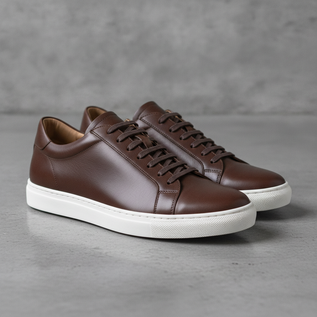 AI photo realism generator result — a hyper-realistic product photo of luxury leather sneakers on concrete with realistic studio lighting