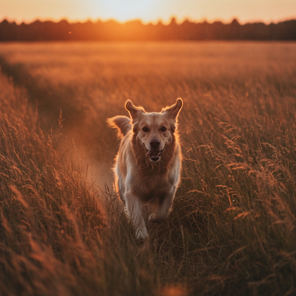AI photo realism generator result — a photorealistic golden retriever running through tall grass at sunset with realistic fur detail and warm backlight