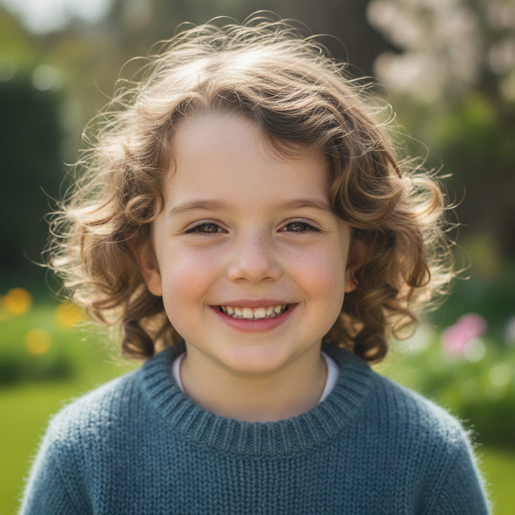 AI photo restoration result — a grainy low-resolution photo of a child sharpened into a clear portrait