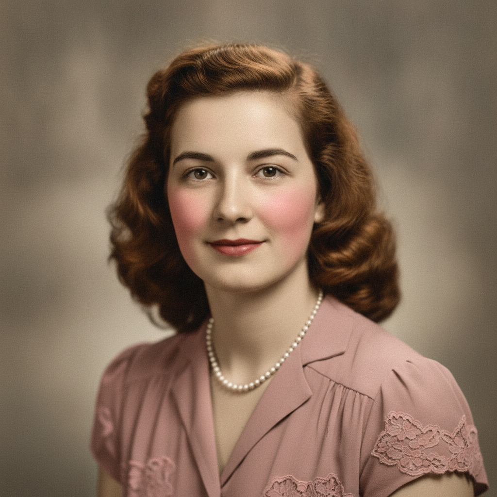 AI photo restoration result — a black and white 1940s portrait colorized with natural skin tones