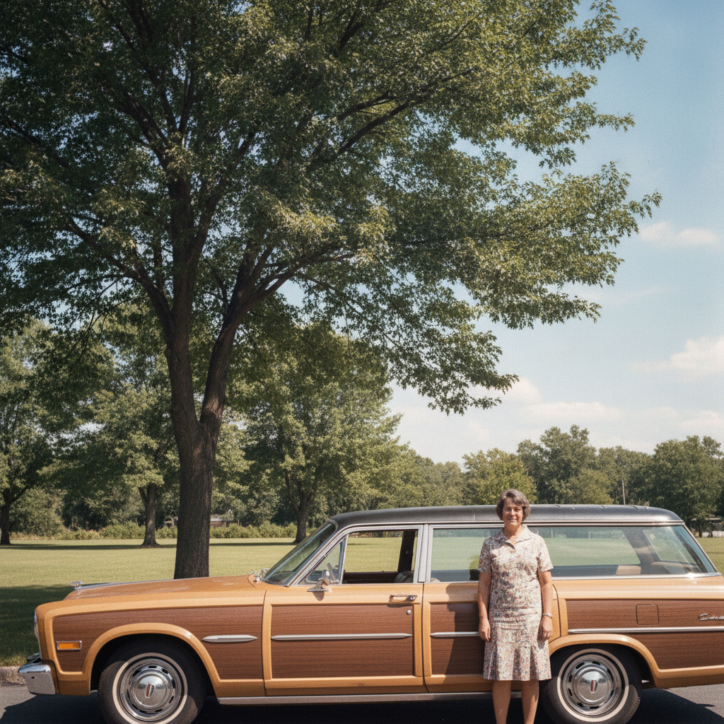 AI photo restoration result — a faded 1970s snapshot restored to vivid accurate colour