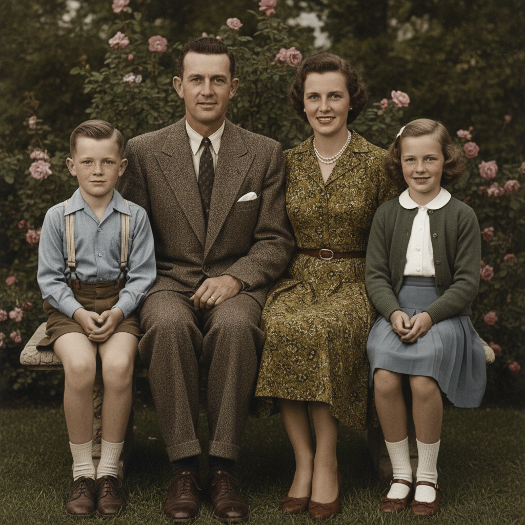AI photo restoration result — a 1950s family portrait with creases repaired and tones restored