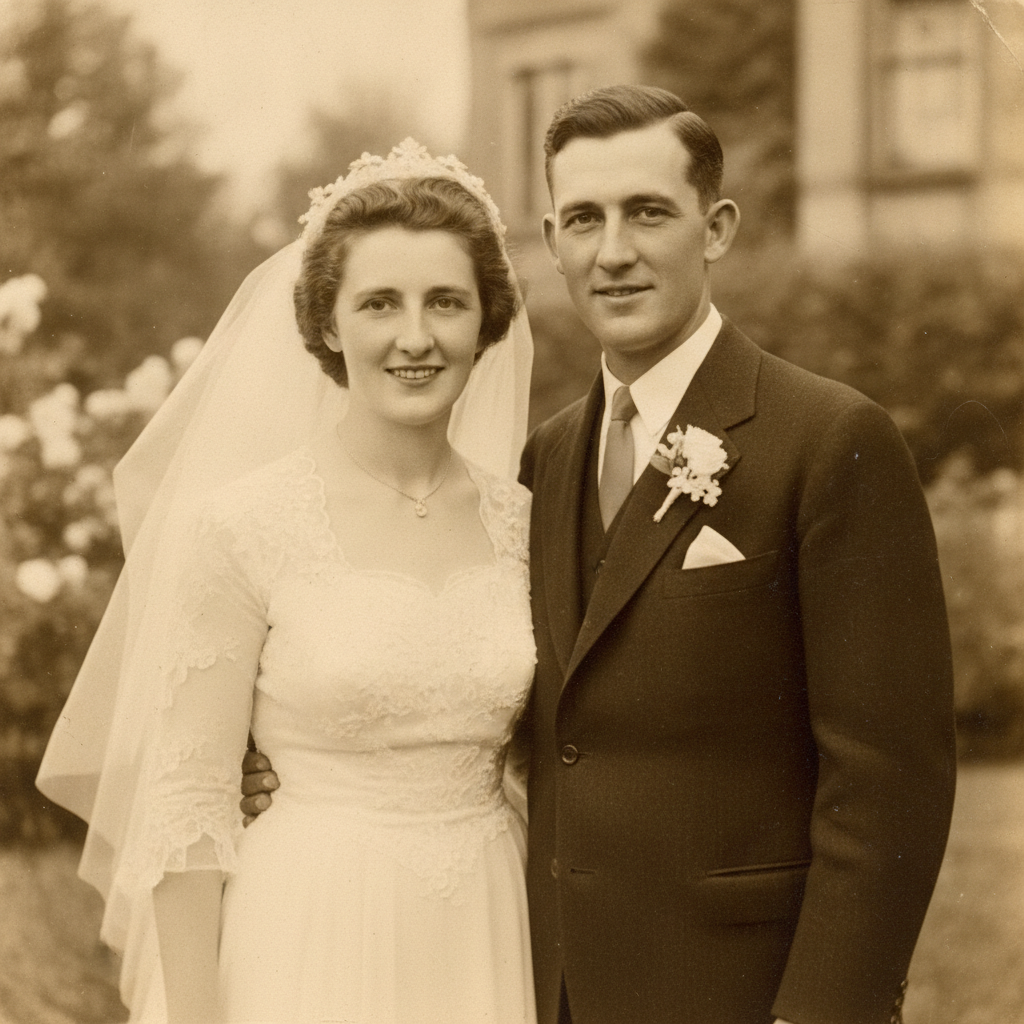 AI photo restoration result — a vintage wedding photo with sepia fading and water stains corrected