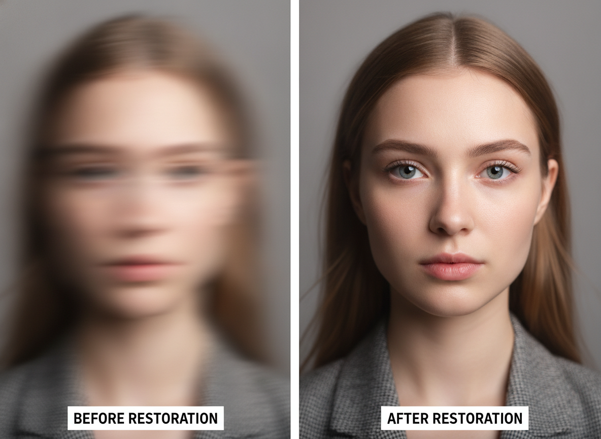 AI photo unblur example — a motion blurred portrait on the left and the same portrait rendered sharp with defined eyelashes and skin texture on the right