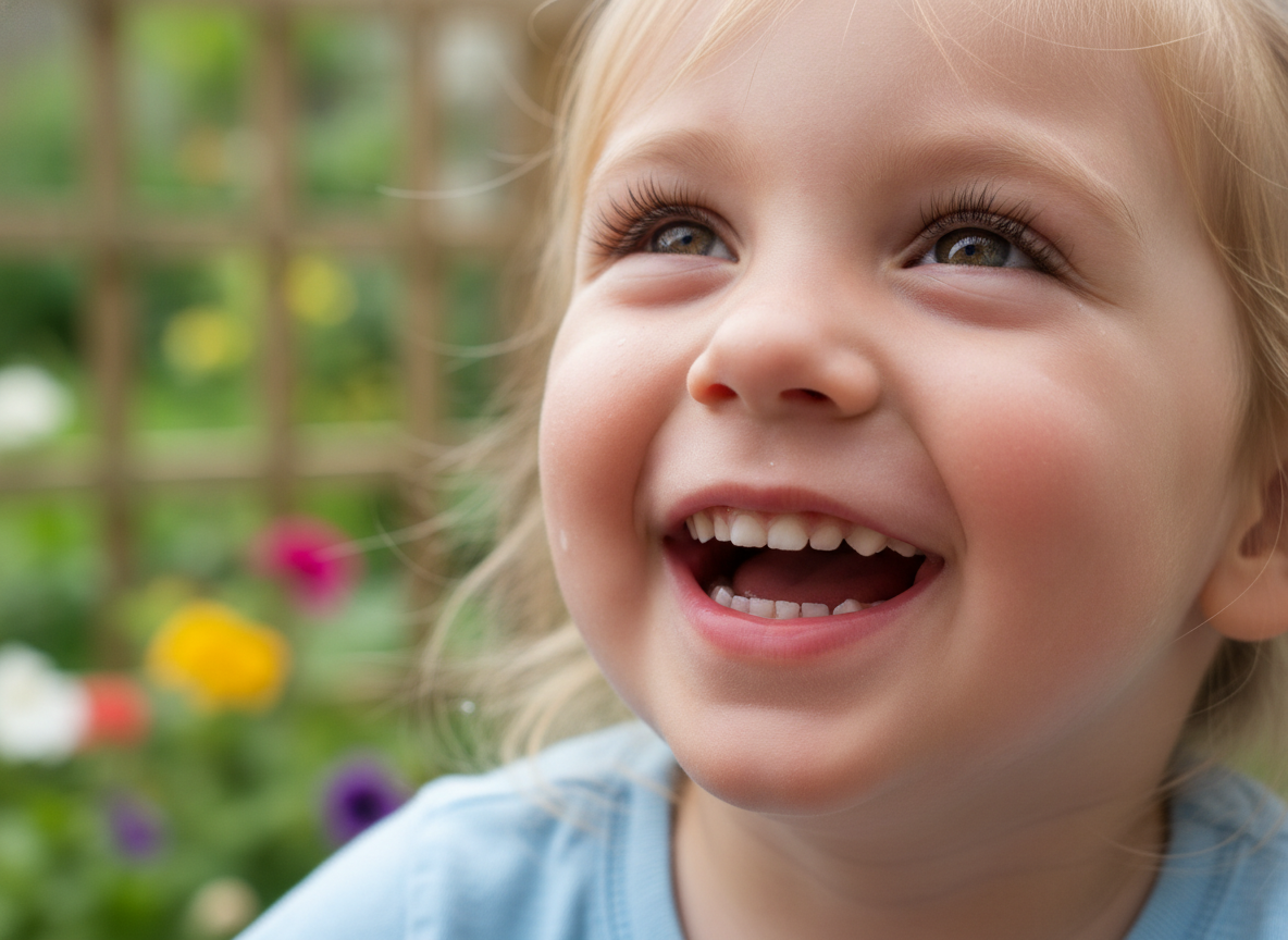 Unblur image AI example — a laughing child photographed outdoors with tack sharp eyes and individual eyelashes resolved