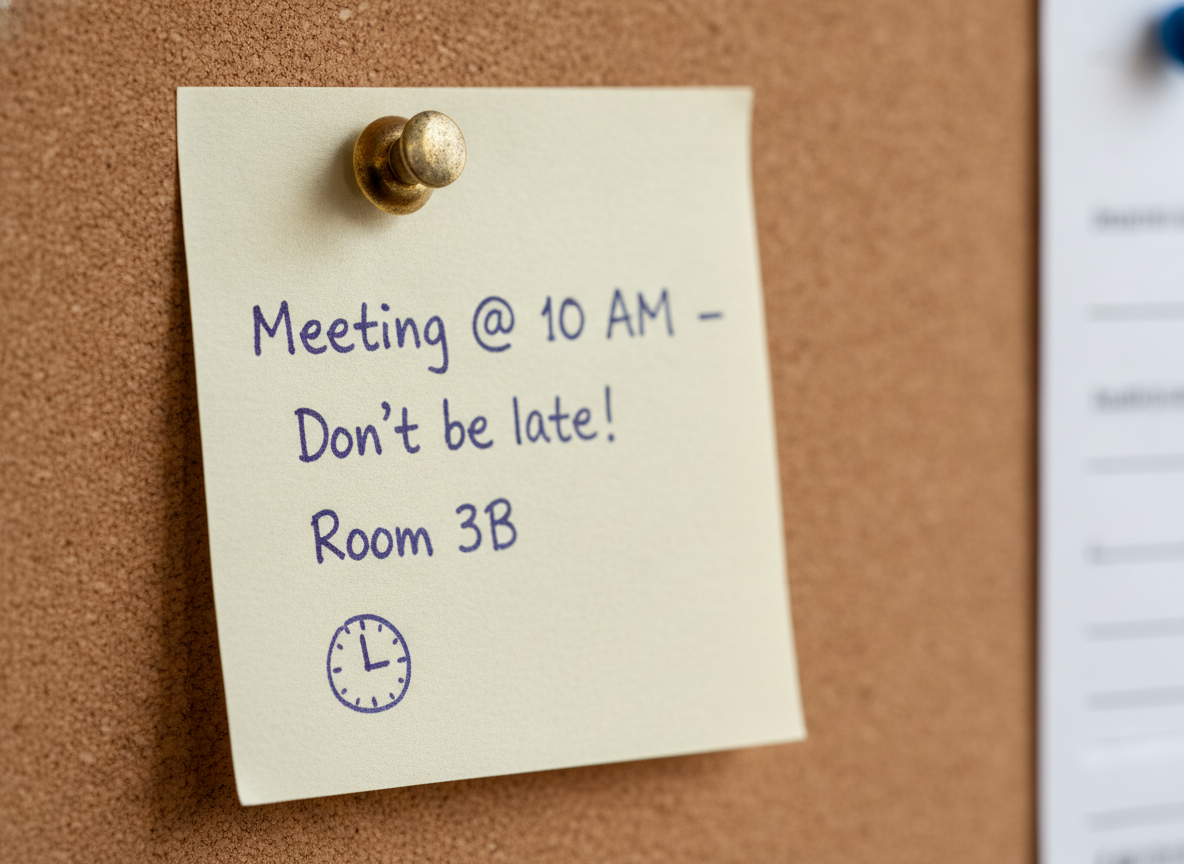 Deblur image AI example — a handwritten note on a corkboard with legible ink edges and visible paper fibre texture