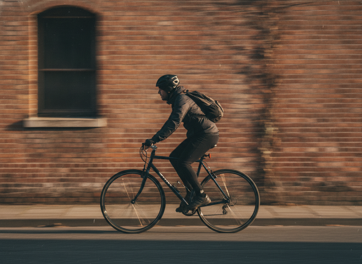AI motion blur remover example — a cyclist frozen crisply against a brick wall while the background stays streaked with motion