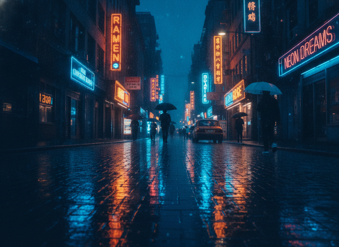 AI photo sharpening example — a night city street where neon signage and rain slicked pavement render with crisp edges instead of smears