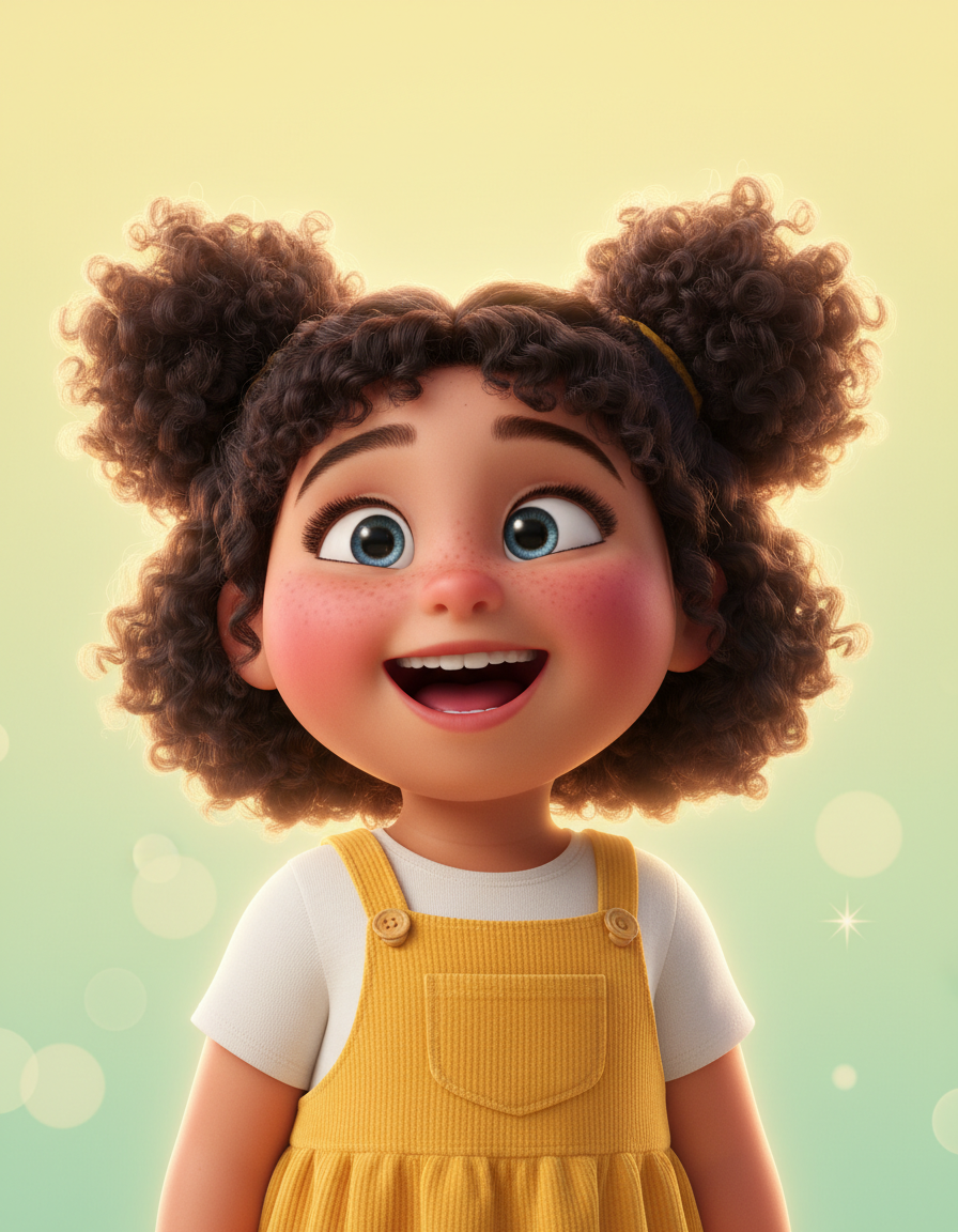 AI Pixar portrait of a joyful 8-year-old girl with large sky-blue eyes and dark curly pigtails in a yellow corduroy pinafore — feature-film Pixar / Disney 3D child character rendered by GPT Image 2 with golden rim light