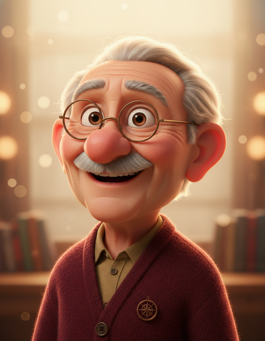 AI Pixar portrait of a kind grandfather with crinkled smile lines, round wire glasses, and a maroon cardigan rendered as a beloved Pixar / Disney 3D animated grandfather character — GPT Image 2 generated with warm amber lighting