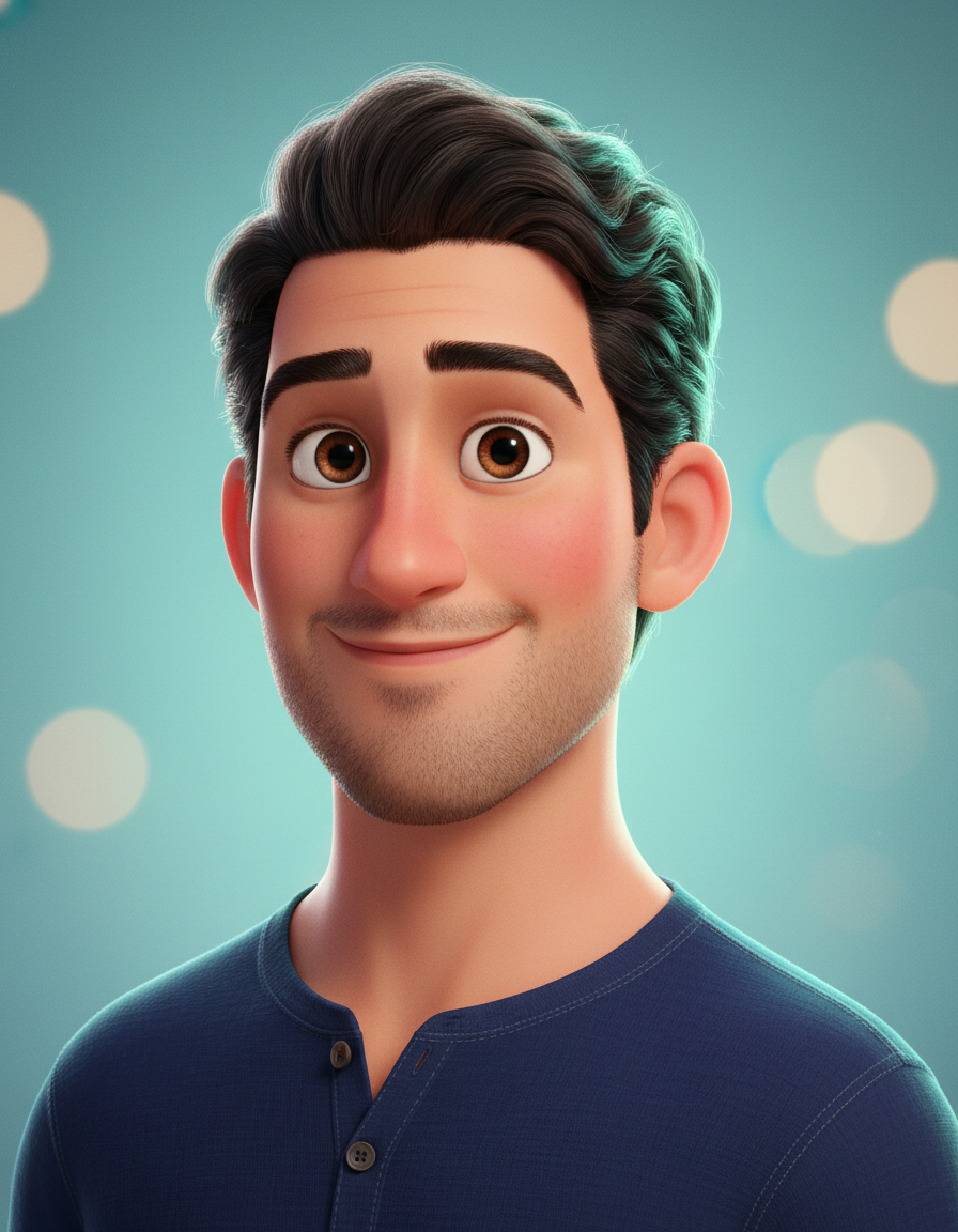 AI Pixar portrait of a young man with warm brown eyes and a navy henley shirt rendered as a Pixar / Disney 3D animated lead character — GPT Image 2 generated with cinematic teal rim lighting and creamy pastel bokeh background