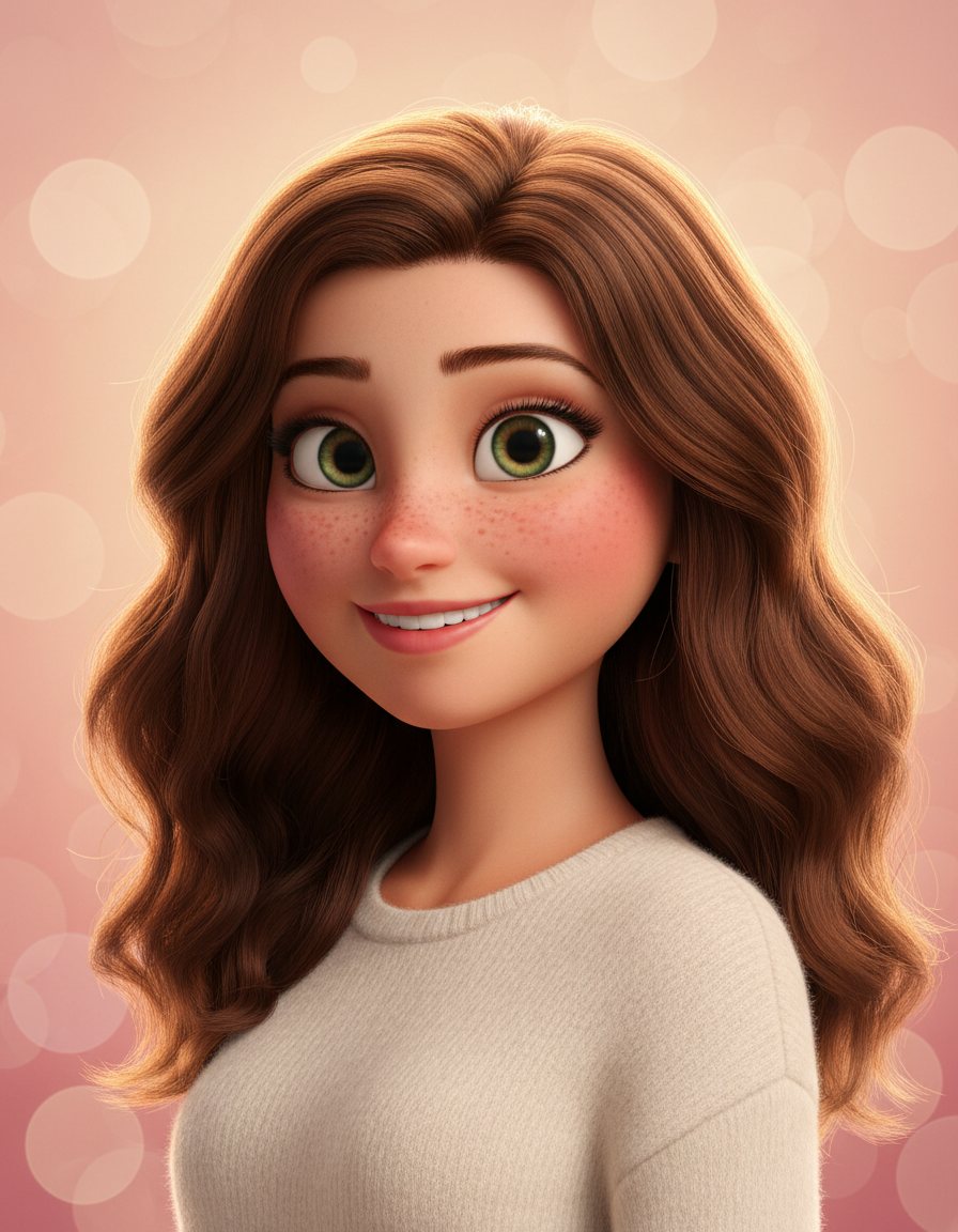 AI Pixar portrait of a young woman with large expressive hazel-green eyes, glossy chestnut wavy hair, and a warm freckle dusting — feature-film Pixar / Disney 3D character rendered by GPT Image 2 with cinematic peach rim lighting