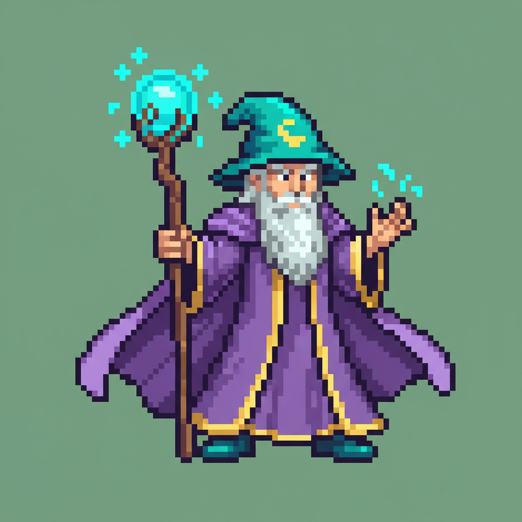 AI pixel art character generator output — a retro pixel art wizard mage sprite with a glowing staff and purple robe