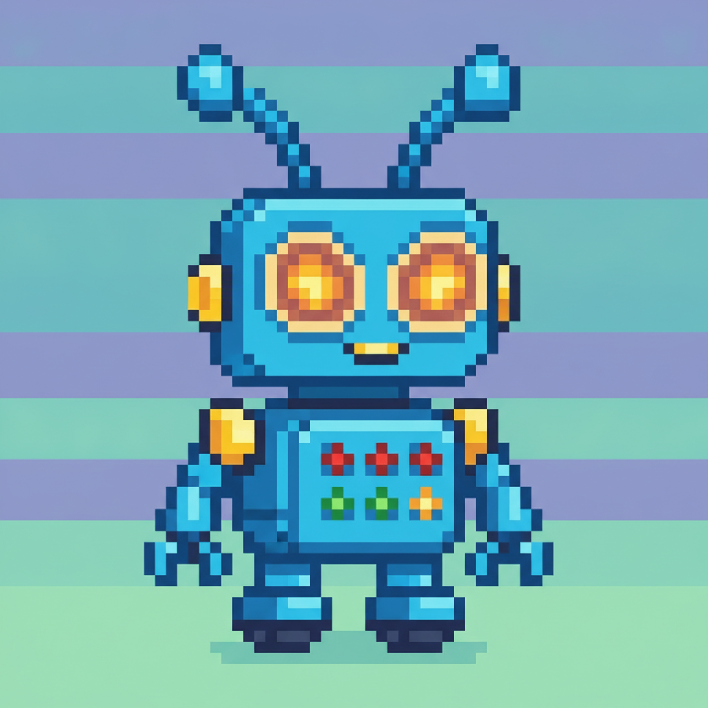 AI pixel art character generator output — a cute 8-bit pixel art robot companion sprite with glowing eyes and antenna