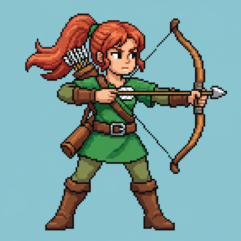 AI pixel art character generator output — a retro 16-bit pixel art adventurer girl sprite with a bow and green tunic