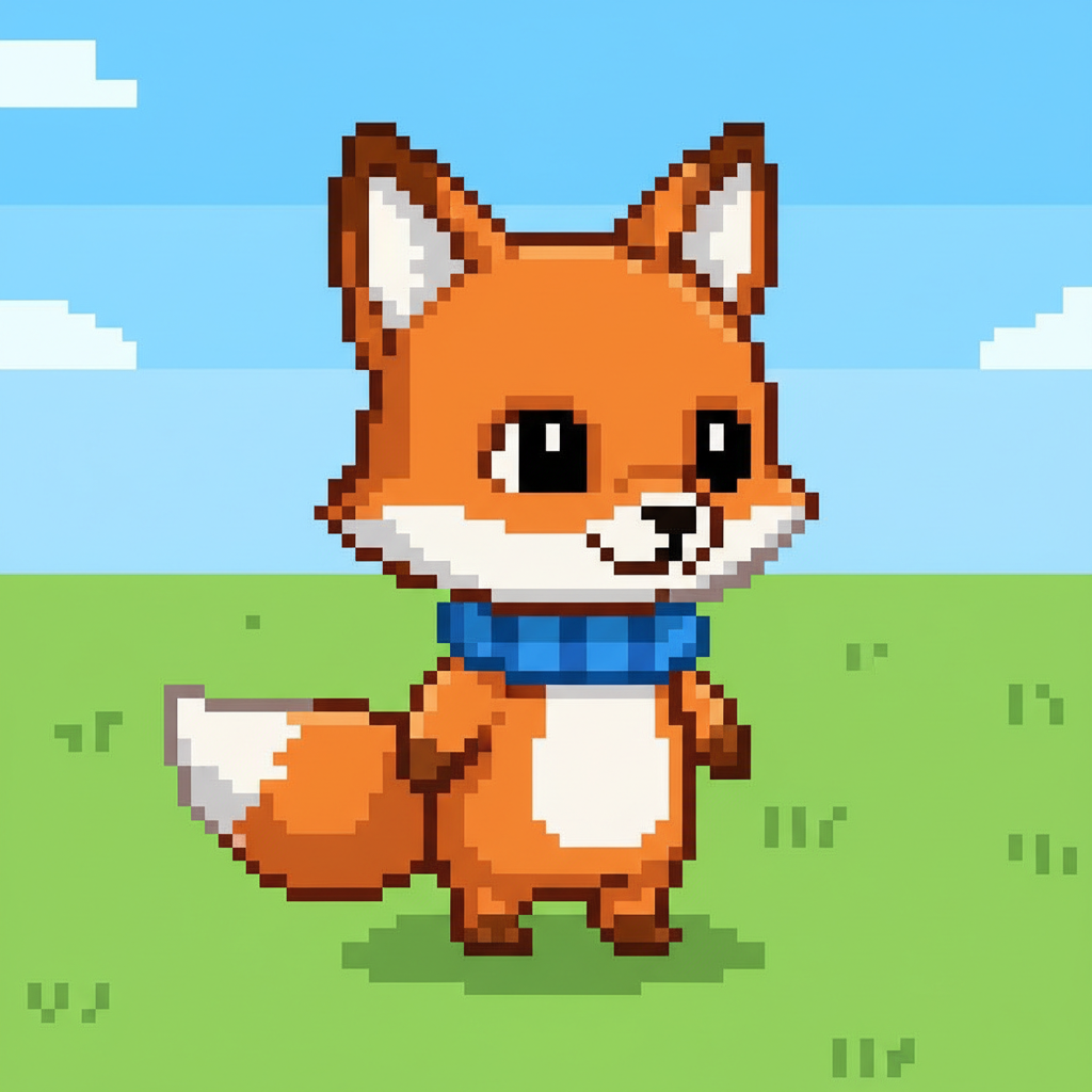 AI pixel art character generator output — a cute 8-bit pixel art fox animal companion sprite with a tiny scarf