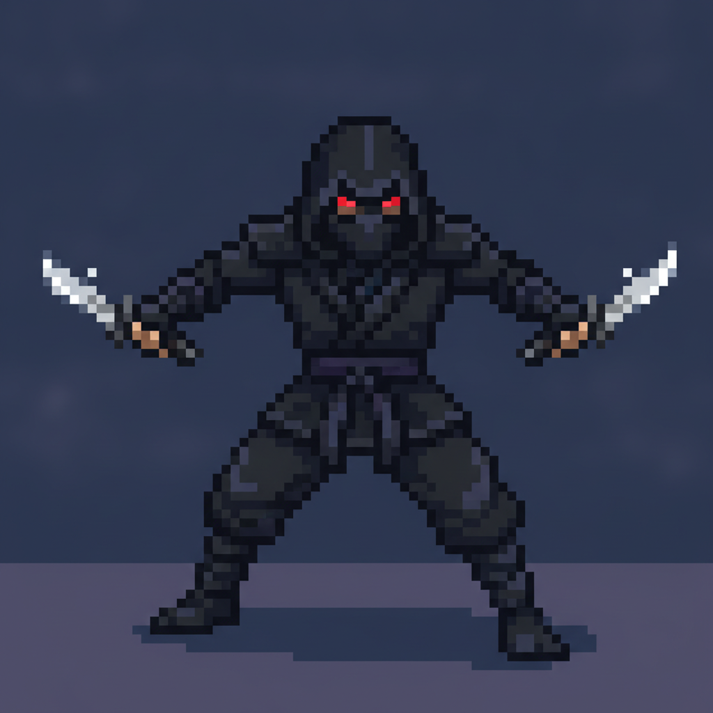 AI pixel art character generator output — a dark hooded pixel art ninja assassin sprite with dual daggers