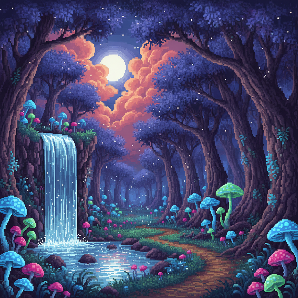 AI pixel art creator result — a 16-bit magical forest landscape with glowing mushrooms and a waterfall in retro game style